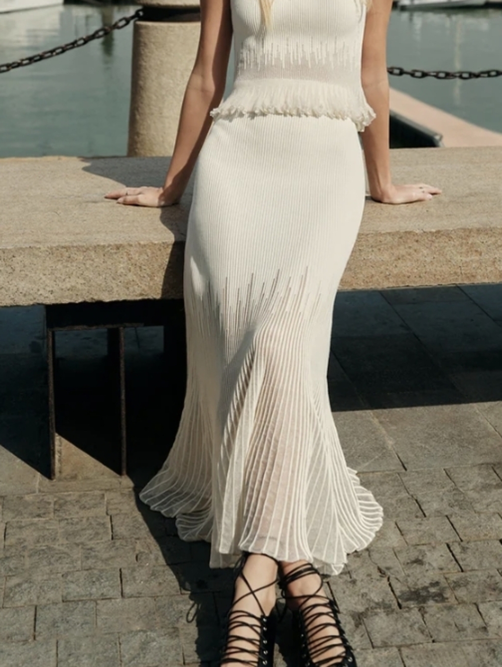 Commense Knit Pleated Ruffle Maxi *Skirt Only* White M NWT - Picture 9 of 9